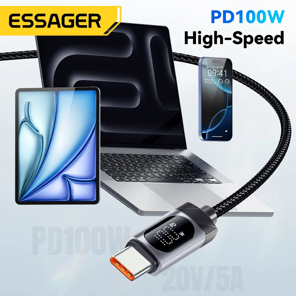 Cable Essager USB-C a Tipo C PD 100W Carga Rápida con Pantalla Digital para iPhone 15/16/Xiaomi/Huawei/Macbook/iPad