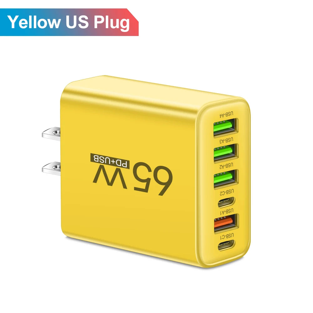 Cargador Pared Rápido USB-C 65W (6 Puertos) para iPhone 14/15 Pro Max, Samsung S23, Xiaomi 14