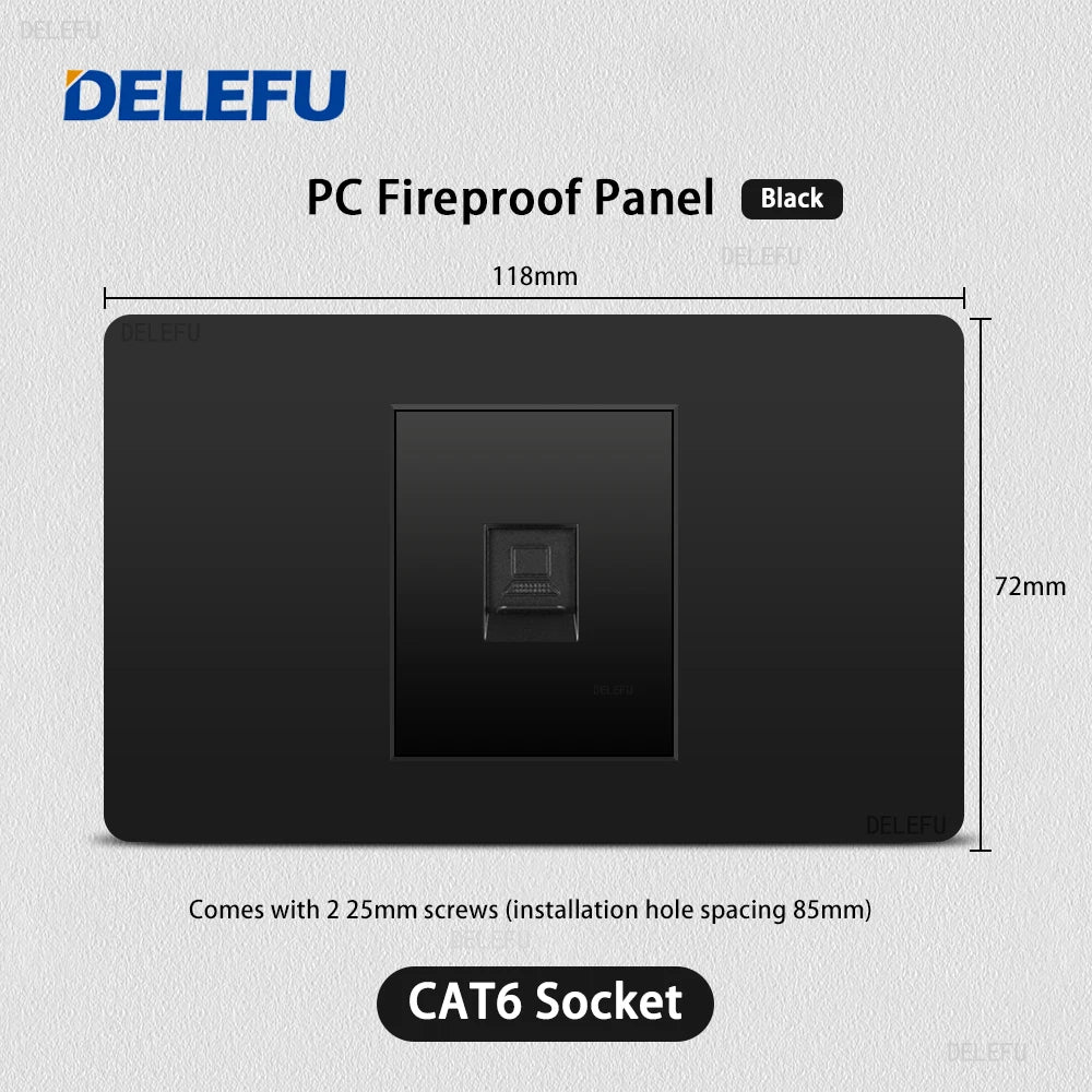 Enchufe Pared Delefu Italia/Chile PC Negro USB-C Carga Rápida + Schuko + Switch Smart Tuya WiFi + SAT/TV/TEL/Timbre