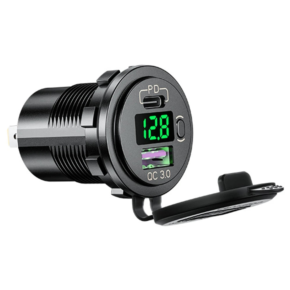 Cargador USB Auto/Camión PD 60W + QC 3.0 con Switch LED Voltímetro 12V/24V Carga Rápida