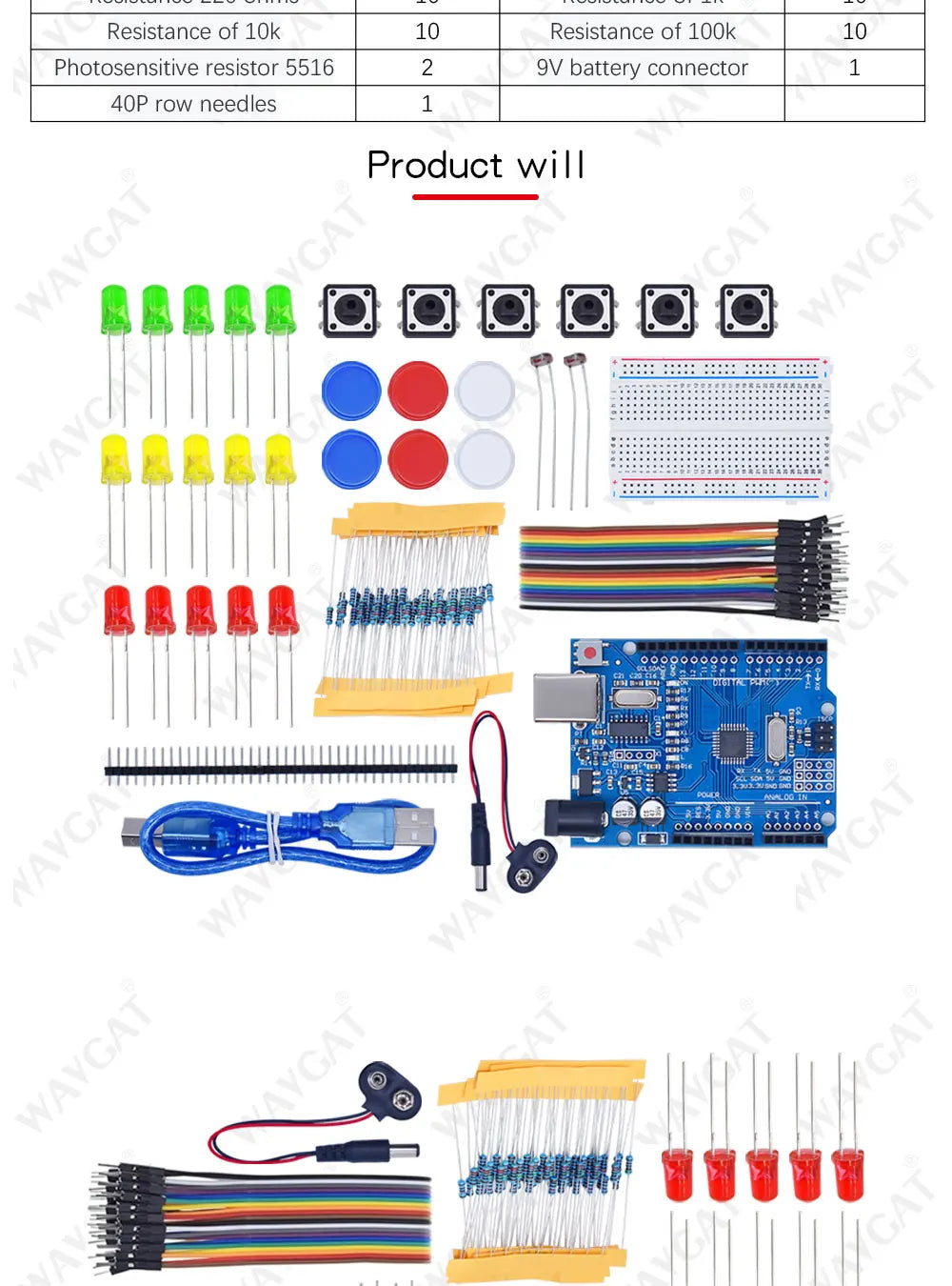 Kit Inicio para Arduino UNO R3 (Mini Protoboard, LED, Cables Jumper, Botón) para Educación Escolar/Laboratorio DIY
