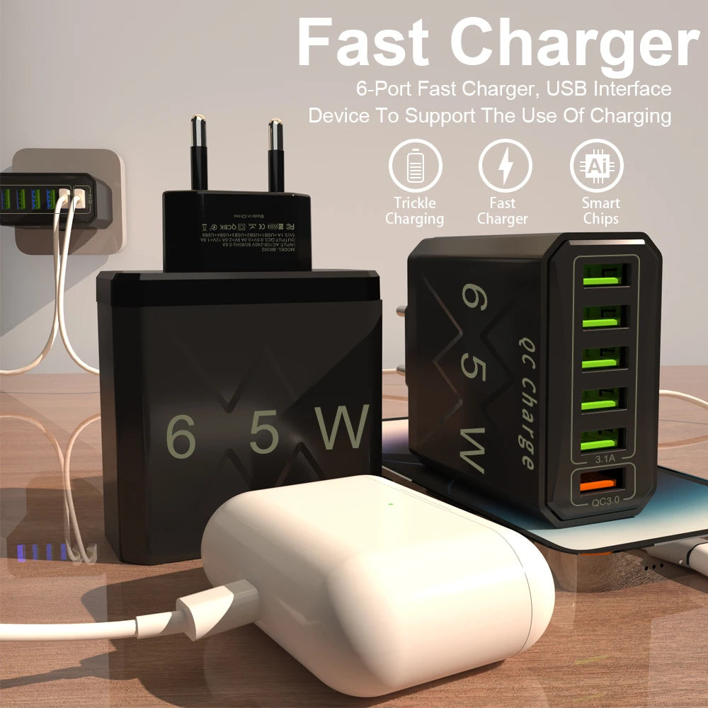 Adaptador Cargador Viaje Rápido USB 3.1A 6 en 1 Multi-Enchufe QC3.0 para iPhone 12/13/Samsung/Xiaomi