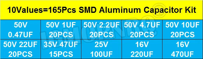 Kit Muestrario Capacitor Electrolítico Aluminio SMD (0.47uF-100uF, 10 Valores) - Pack 165 Piezas