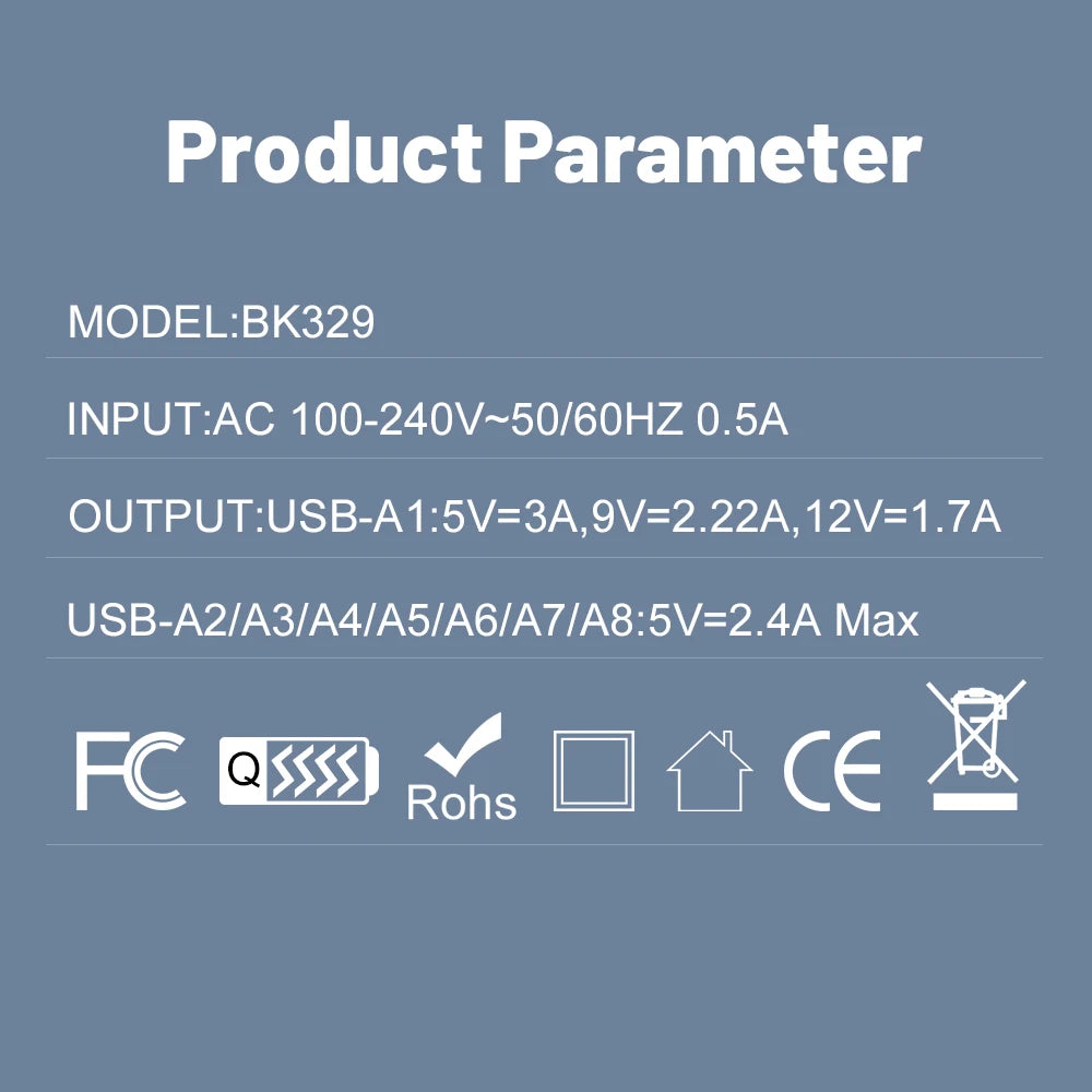 Cargador Pared Rápido USB Total 150W QC 3.0 Adaptador Carga Móvil Enchufe EU/US/KR para iPhone/Xiaomi/Huawei