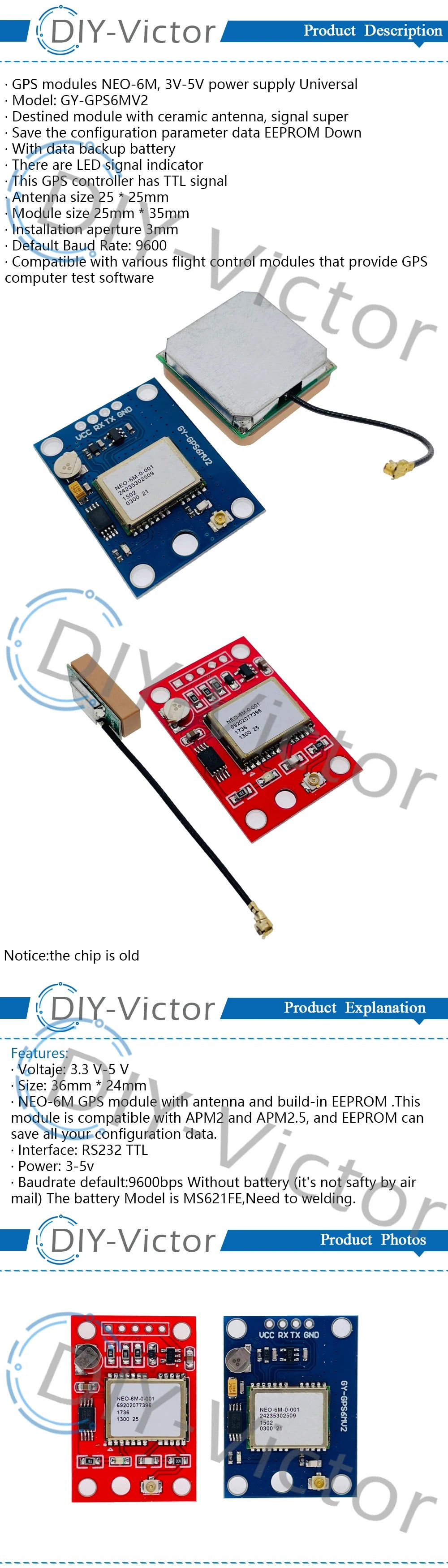 Módulo GPS GY-GPS6MV2 (NEO-6M) con EEPROM y Antena (3-5V, RS232/TTL) para Arduino/APM2.5 Control Vuelo
