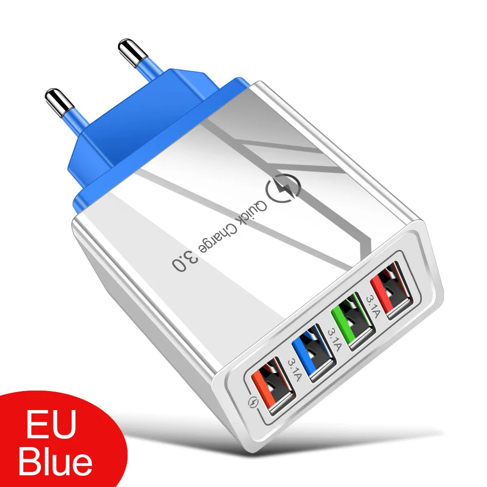 Cargador Pared USB 4 Puertos Quick Charge 3.0 Carga Rápida para iPhone 15/14/Samsung/Xiaomi (Enchufe EU/US)