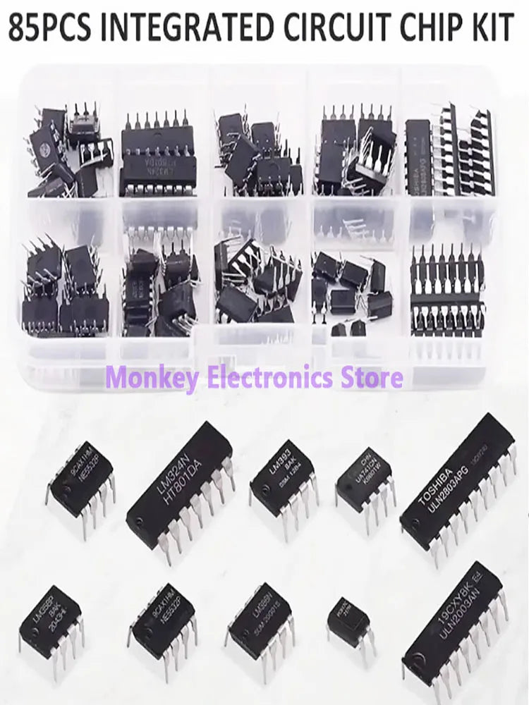 Kit Circuitos Integrados IC (DIP) NE555/LM324/LM358/ULN2803 (10 Tipos, Temporizador Precisión) DIY Electrónico (85 Piezas)