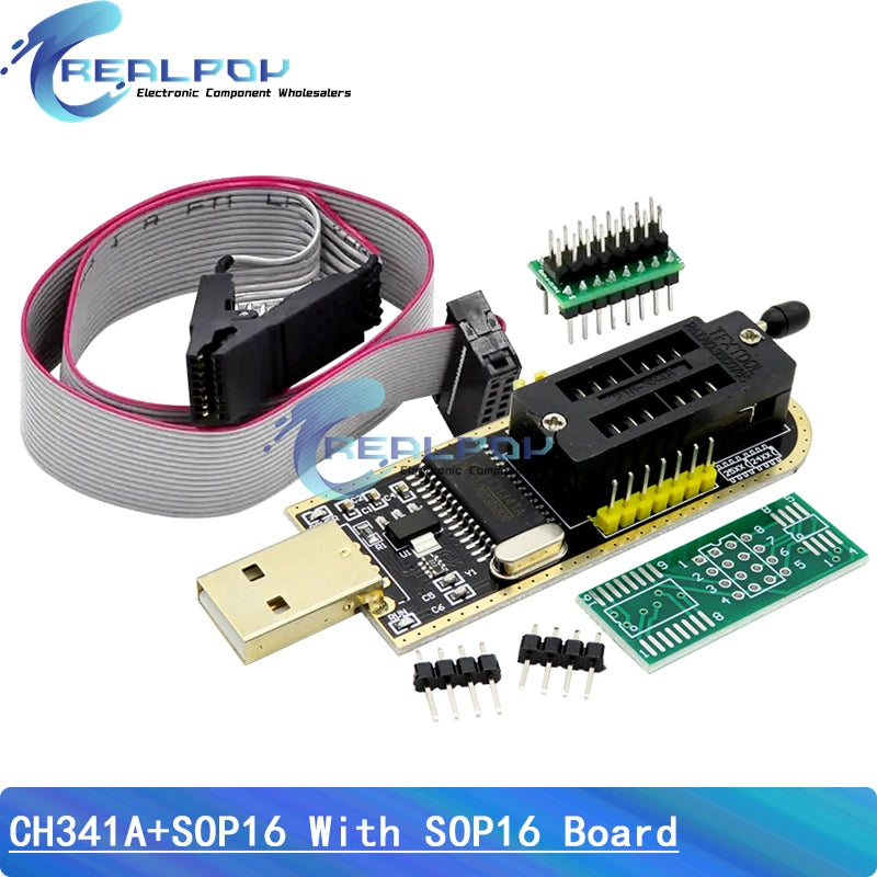 Kit Programador USB CH341A 24/25 Series EEPROM Flash BIOS + Clip Test SOP16/SOIC16 para RT809F/TL866