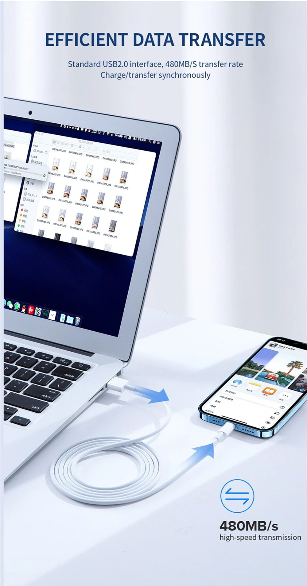 Cargador USB EU Carga Rápida para iPhone 6S-14 Pro Max/Plus/X/XR/XS con Cable Datos USB (1m/1.5m/2m)