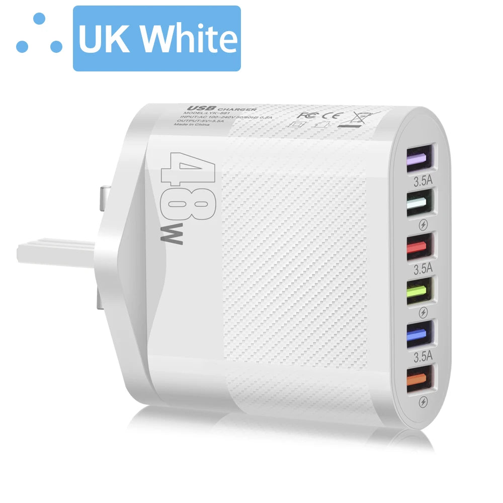 Cargador Pared Rápido USB 6 Puertos (6 en 1) Adaptador Carga para Samsung S22/S23, Xiaomi