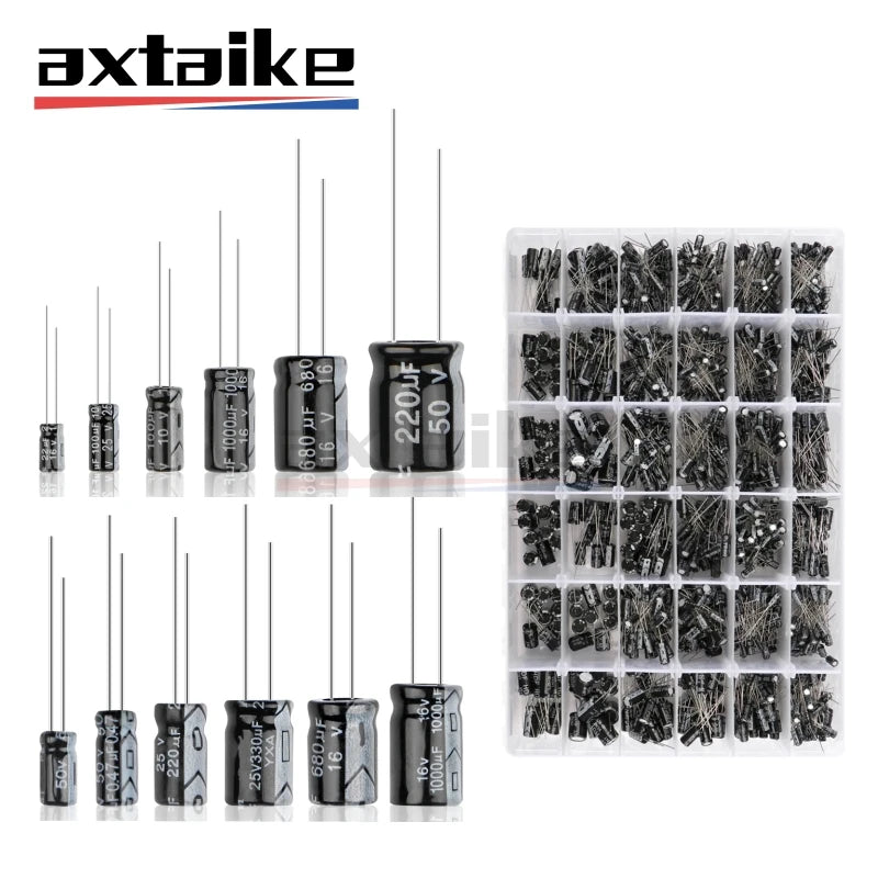 Kit Surtido Capacitor Electrolítico Aluminio (0.1uF-1000uF, 16V/25V/50V) con Caja - Pack 120/200/500 Piezas