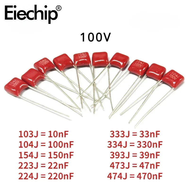 Capacitor Película Polipropileno CBB (10nF-560nF, 100V) - Pack 20 Unidades (Valores Surtidos)