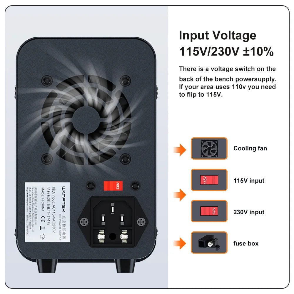 Fuente de Poder Laboratorio WANPTEK DC Ajustable 30V/60V/120V Regulador Voltaje Preajuste V/A (Input 110V/220V)