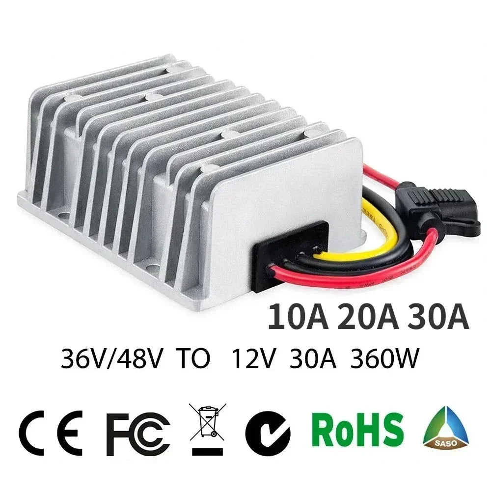 Reductor Voltaje DC-DC 36V/48V a 12V 10A/20A/30A Step-Down Buck Impermeable con Fusible (CE/RoHS) para Golf Cart