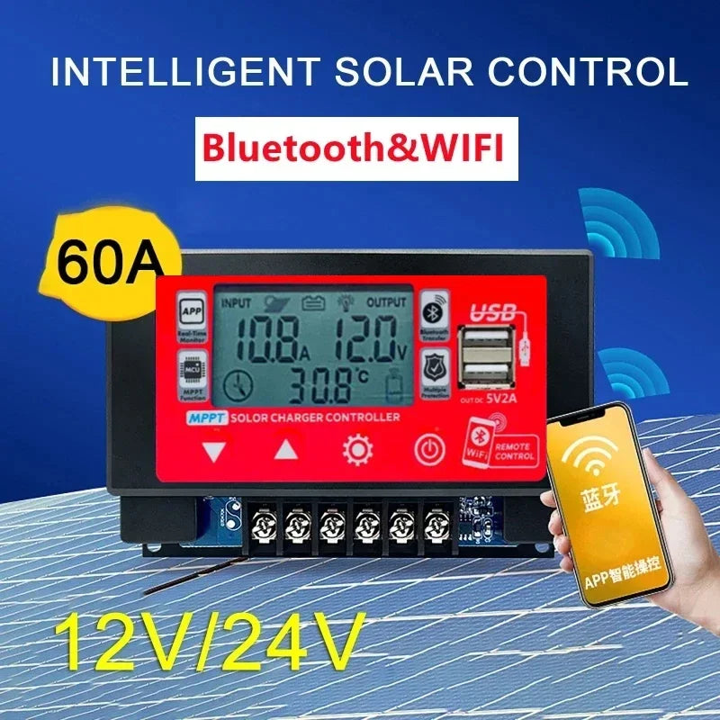 Controlador Carga Solar MPPT 30A/60A 12V/24V LCD Display Bluetooth/WiFi Snap-On Almacenamiento Energía