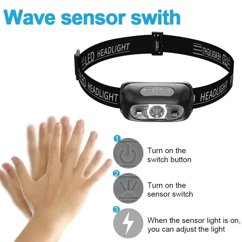Linterna Frontal LED Portátil Luz Fuerte con Sensor (Recargable USB) para Camping Exterior/Pesca/Emergencia