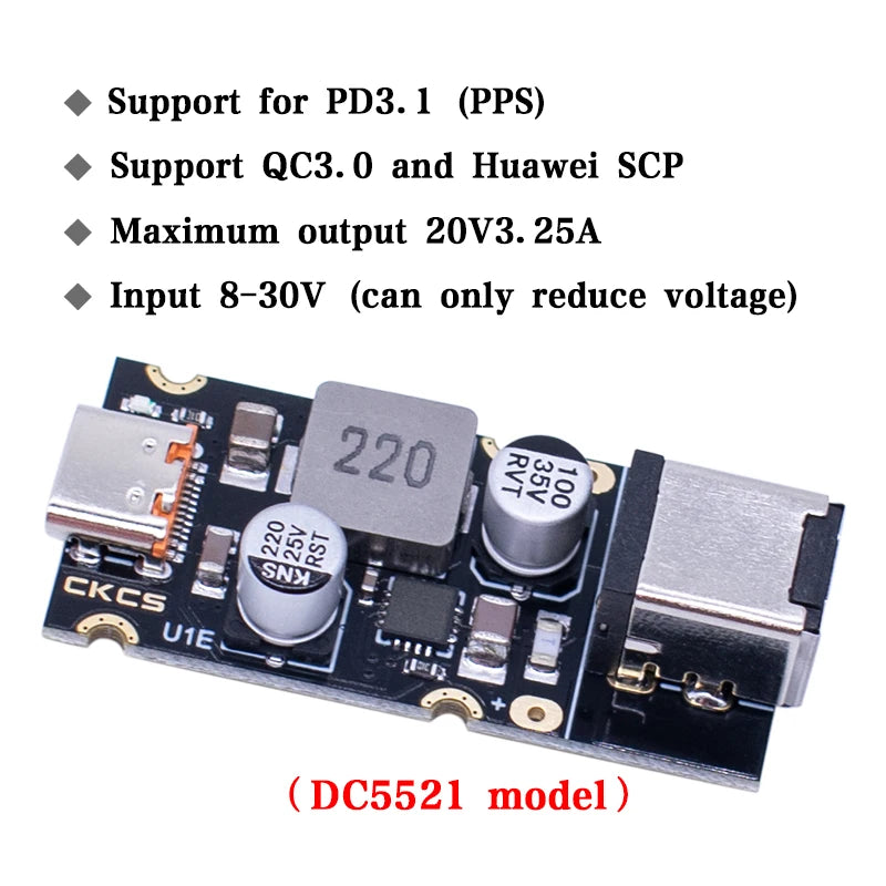 Módulo Carga Rápida CKCS PD 65W USB-C Soporta Apple PD3.1/PPS/QC3.0/Huawei SCP