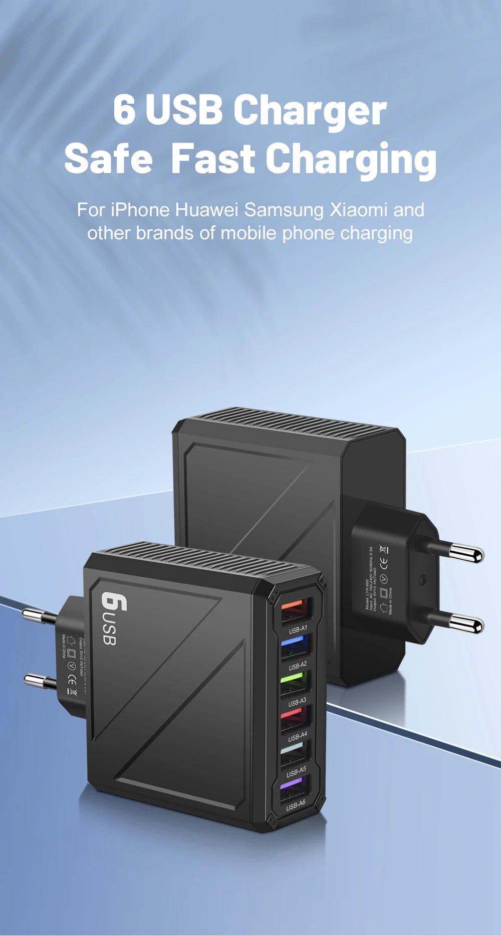Cargador Pared USB 6 Puertos 3.1A Carga Rápida Adaptador Móvil para iPhone/Samsung/Xiaomi/Huawei