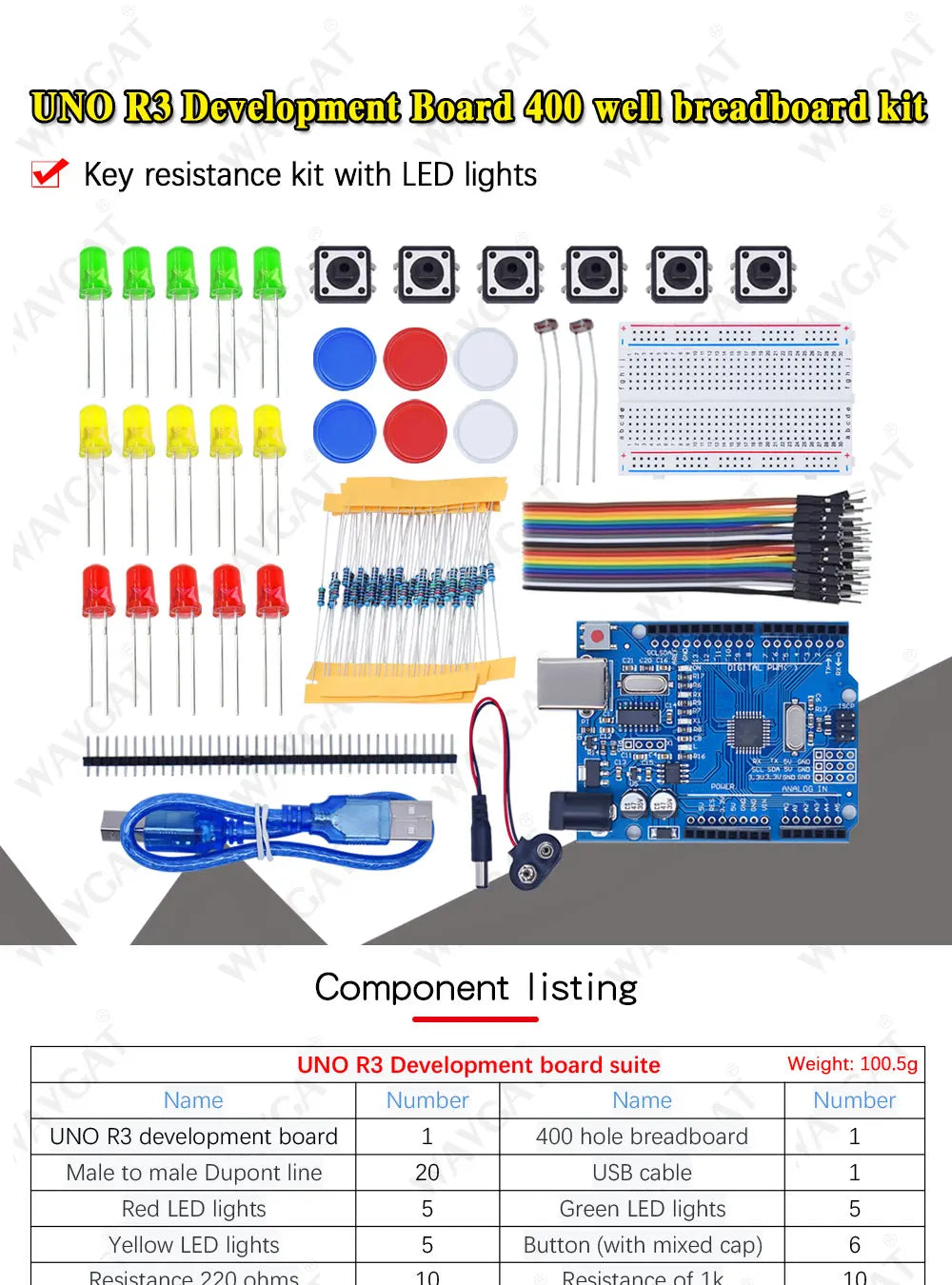 Kit Inicio para Arduino UNO R3 (Mini Protoboard, LED, Cables Jumper, Botón) para Educación Escolar/Laboratorio DIY