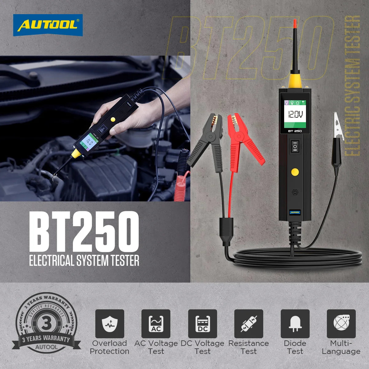 Tester Circuito Automotriz Autool BT250 (6-30V) - Kit Sonda Eléctrica (Power Probe) con Display LED