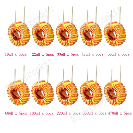 Kit Surtido Inductores Núcleo Toroide Bobinados (10uH a 470uH) con Caja - 50 Piezas
