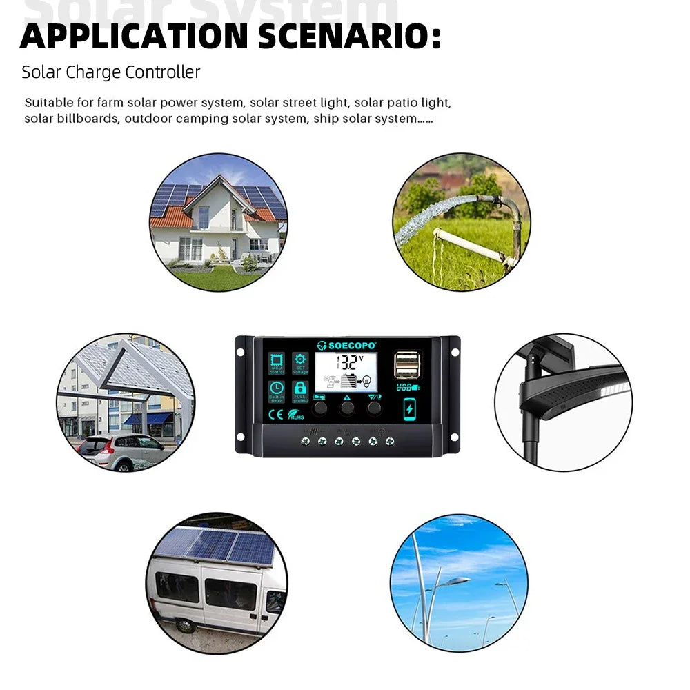 Controlador Carga Solar 100A 12V/24V AutoSwitch LCD Protección Sobrecarga/Cortocircuito para RV/Bote/Off-Grid