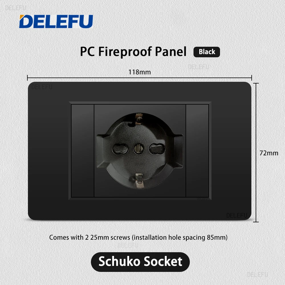 Enchufe Pared Delefu Italia/Chile PC Negro USB-C Carga Rápida + Schuko + Switch Smart Tuya WiFi + SAT/TV/TEL/Timbre