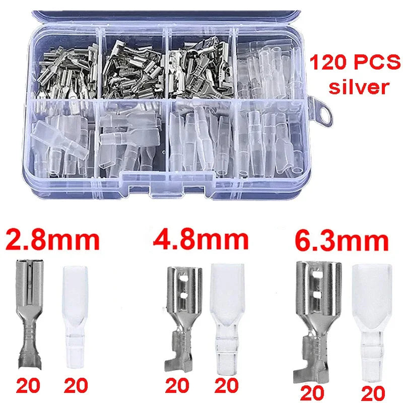 Set Terminales Conector Cable Oro/Plata Macho/Hembra (Tipo Resorte, Desnudo) en Caja (120 Piezas)
