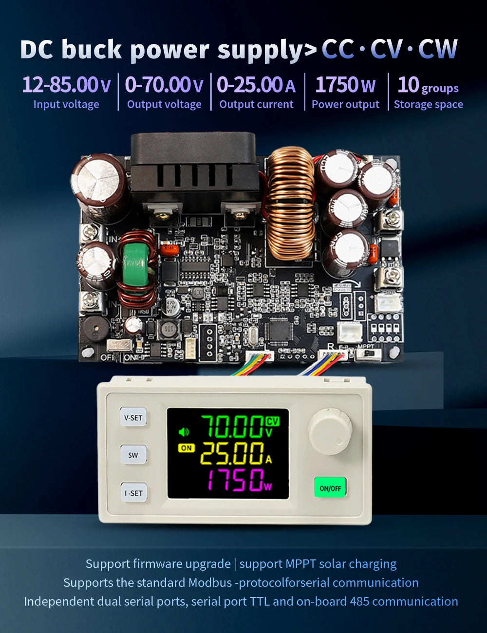 Módulo Fuente Alimentación CNC XY7025 Buck CC/CV 70V 25A 1750W Tensión/Corriente Constante Step-Down