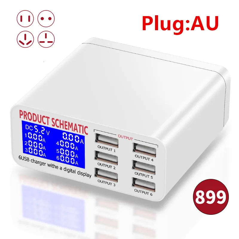 Hub Cargador USB 6 Puertos Carga Rápida con Pantalla LED (Voltaje/Corriente)