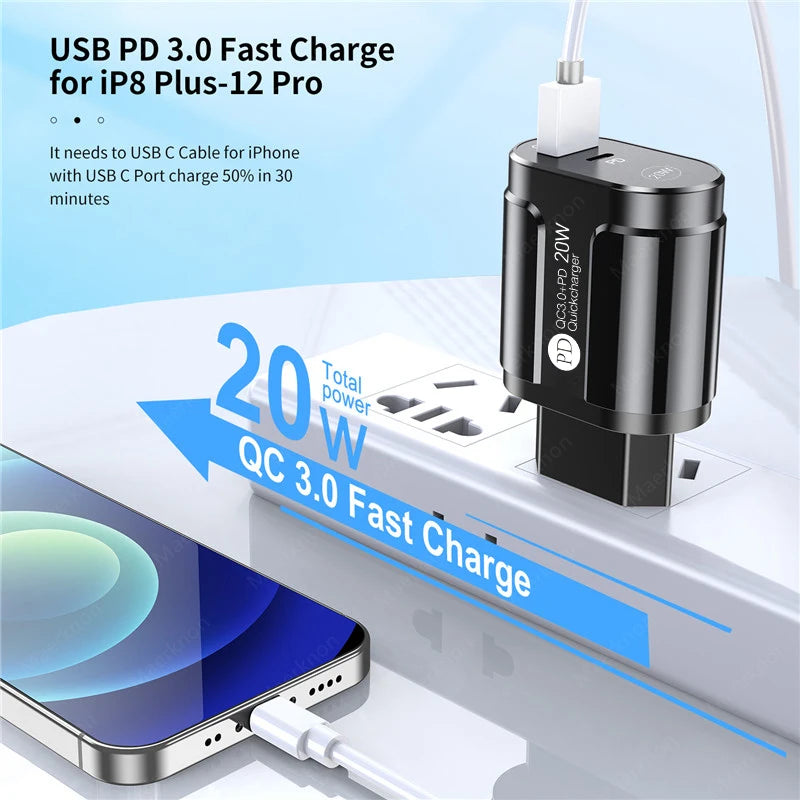 Cargador USB Doble Puerto (Quick Charge 3.0, PD 20W Tipo C) Adaptador Carga Rápida para iPhone 13/12Pro/Huawei/Xiaomi/Samsung