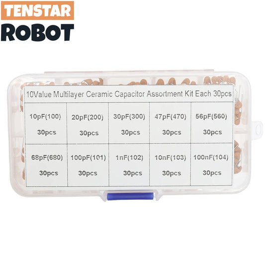 Kit Surtido Capacitor Cerámico Multicapa (10pF-100nF, 50V, 10 Valores x 30 Unidades) - Pack 300 Piezas