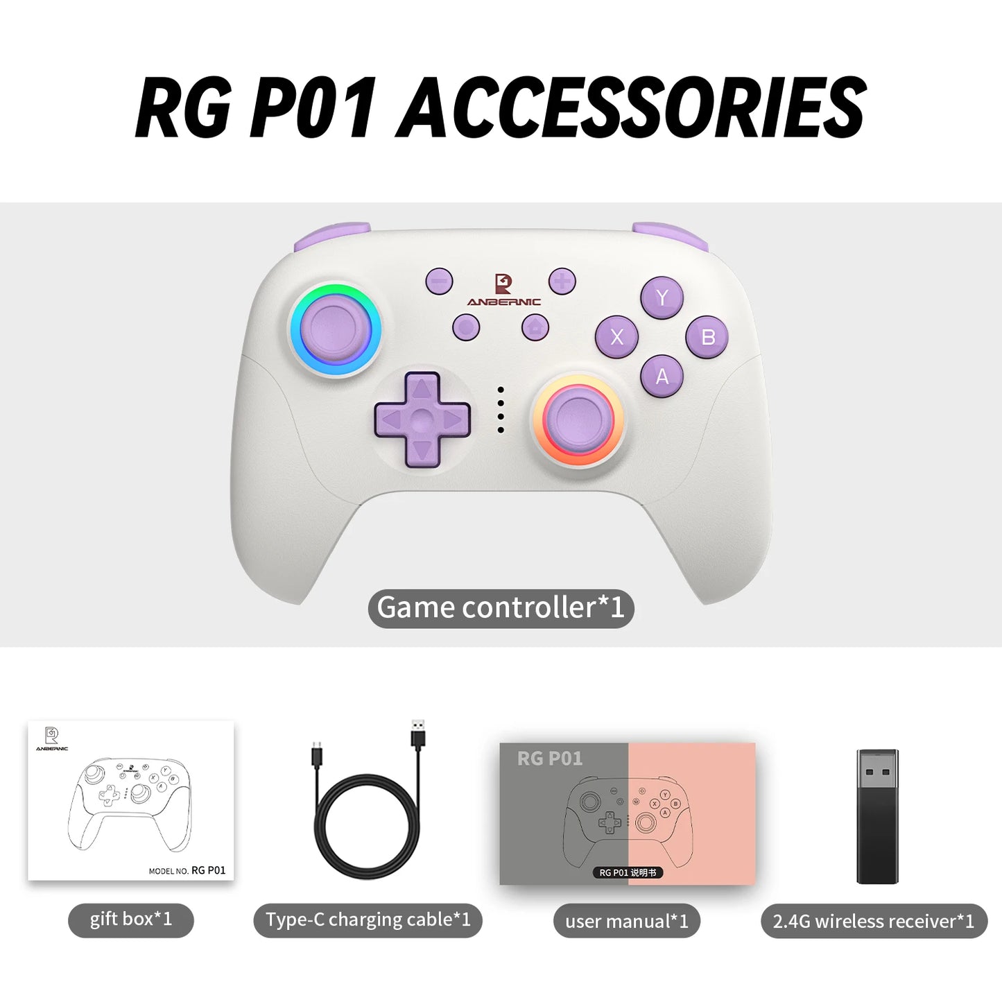 Gamepad ANBERNIC RG P01/RGP01 Bluetooth/Cableado con Joystick Efecto Hall RGB para Switch/PC/Steam/Android/iOS