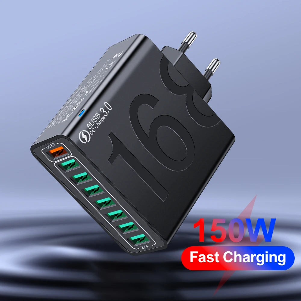 Cargador Pared Rápido USB Total 150W QC 3.0 Adaptador Carga Móvil Enchufe EU/US/KR para iPhone/Xiaomi/Huawei