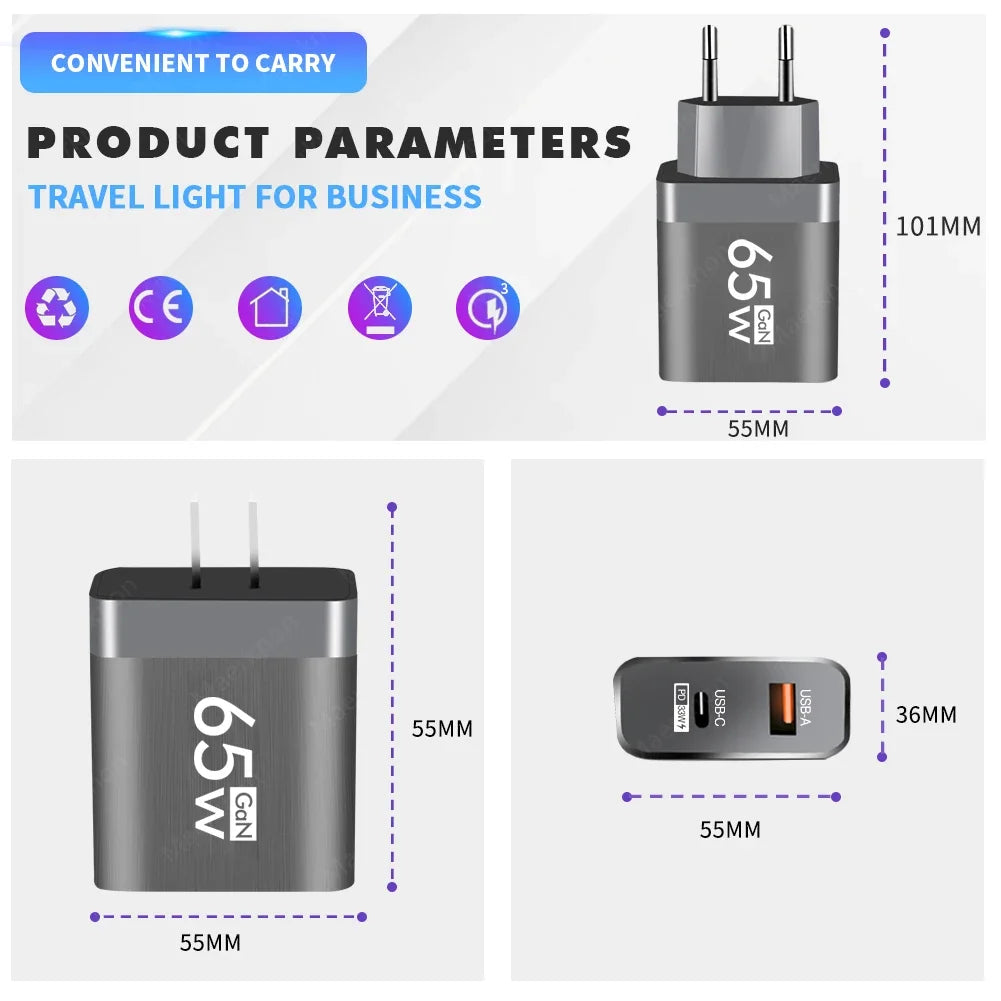 Cargador Pared USB PD GaN 65W Doble Puerto (Tipo C + USB QC3.0) Adaptador Carga Rápida Móvil para iPhone/Samsung/Xiaomi