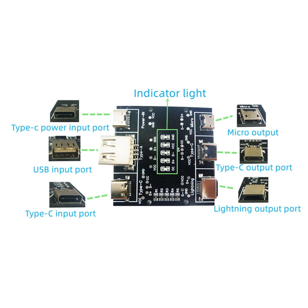 Placa Detección Cables DT3 (Tipo-C/Micro USB/Lightning) - Tester Carga Rápida para iOS/Android