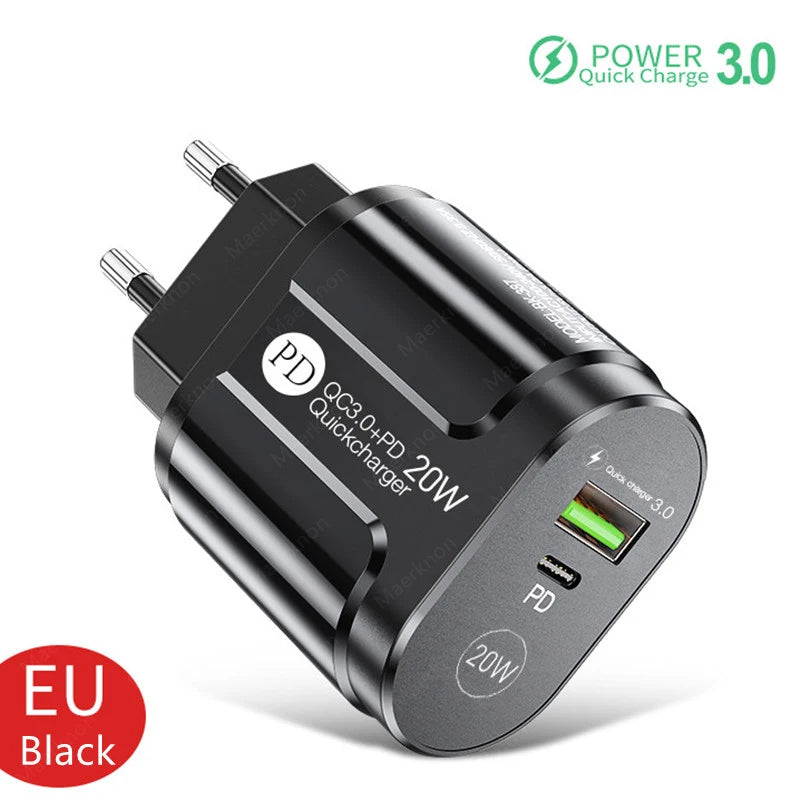 Cargador USB Doble Puerto (Quick Charge 3.0, PD 20W Tipo C) Adaptador Carga Rápida para iPhone 13/12Pro/Huawei/Xiaomi/Samsung