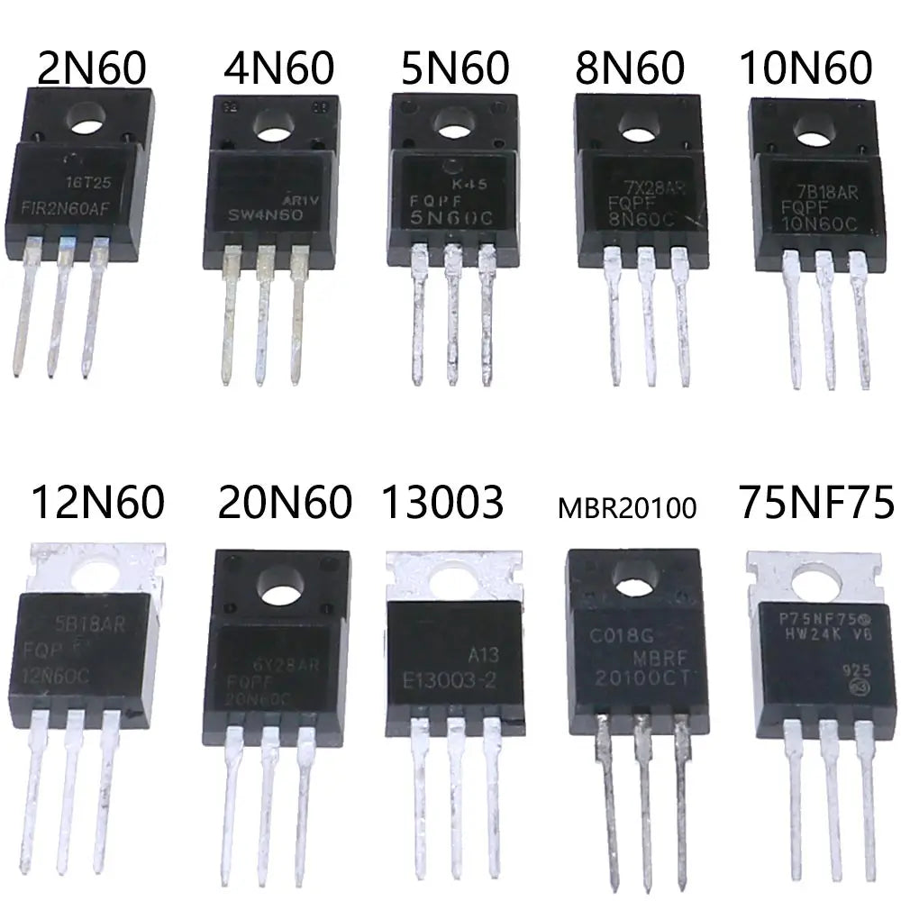 Kit Surtido Transistores/Diodos TO-220 - 10 Tipos (MOSFETs N-Ch, BJT, Schottky) en Caja (Total 50 Piezas)