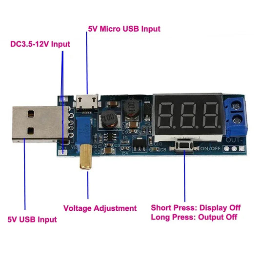 Módulo Convertidor Buck-Boost USB 5V a 1.2-24V DC-DC Regulador Voltaje Ajustable