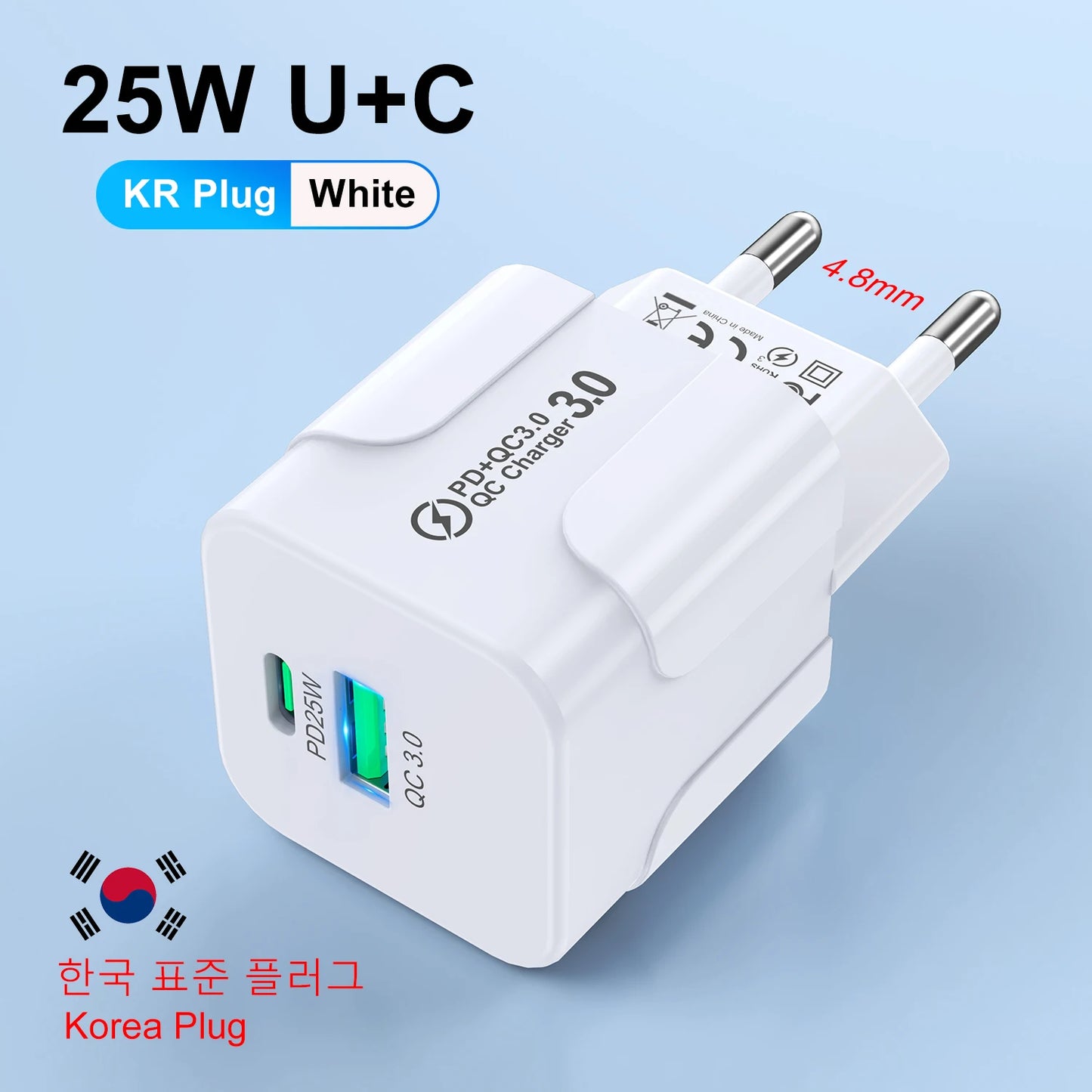 Cargador Pared Rápido PD 25W USB Tipo C (Enchufe Coreano KR) para iPhone 15 Pro Max