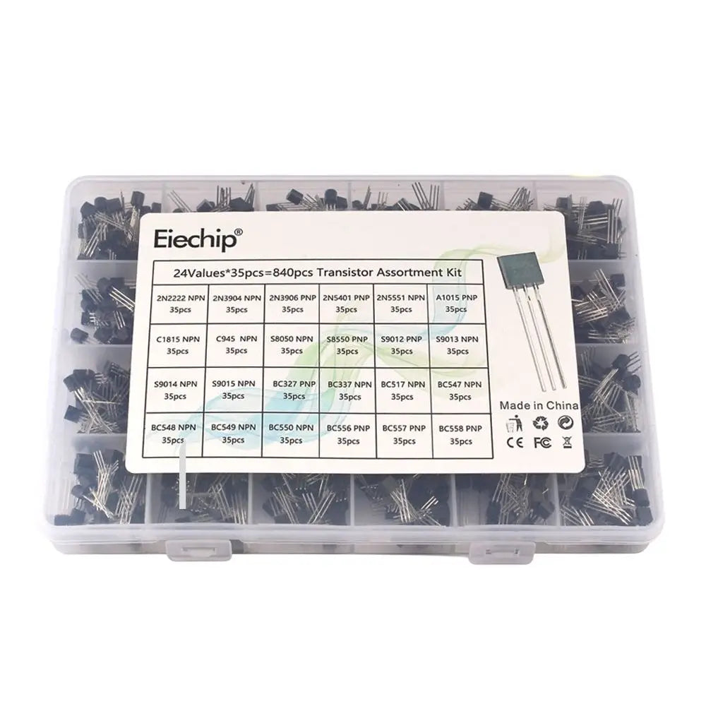 Kit Surtido Transistores TO-92 NPN/PNP (BC547/327/337, 2N2222/3904/3906, C945) en Caja - 200-900 Piezas