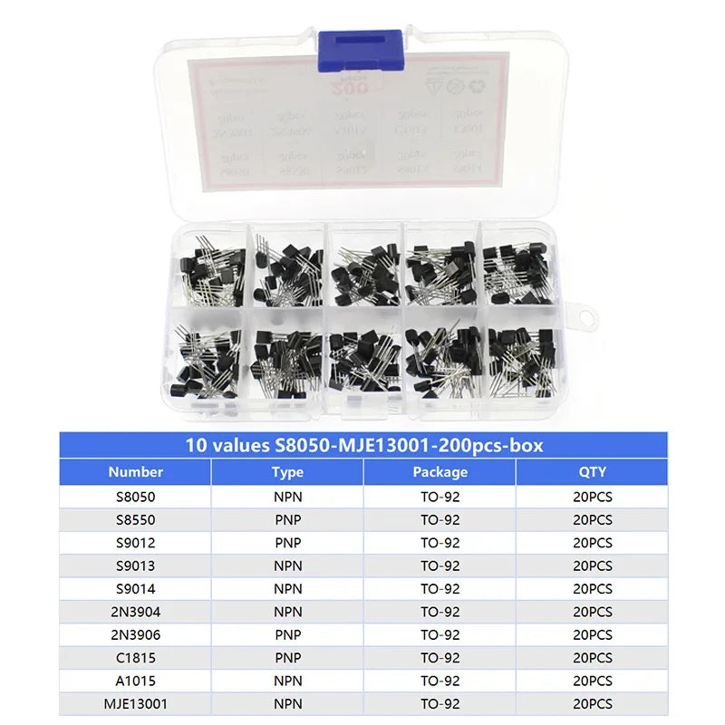 Kit Surtido Transistores BJT TO-92 NPN/PNP (A1015, BCxxx, S8xxx, 2Nxxxx) - 50-900 Piezas