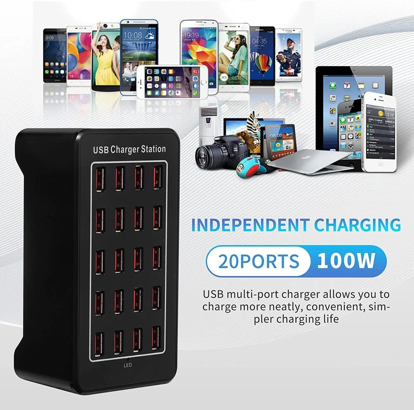 Hub Cargador USB Inteligente Escritorio 20/30 Puertos (100W/150W) Estación Carga Multi-Puerto para Samsung/iPhone/iPad/Tablet