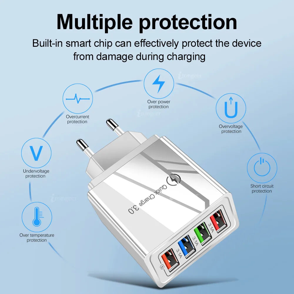 Cargador Pared USB 4 Puertos Quick Charge 3.0 Carga Rápida para iPhone 15/14/Samsung/Xiaomi (Enchufe EU/US)