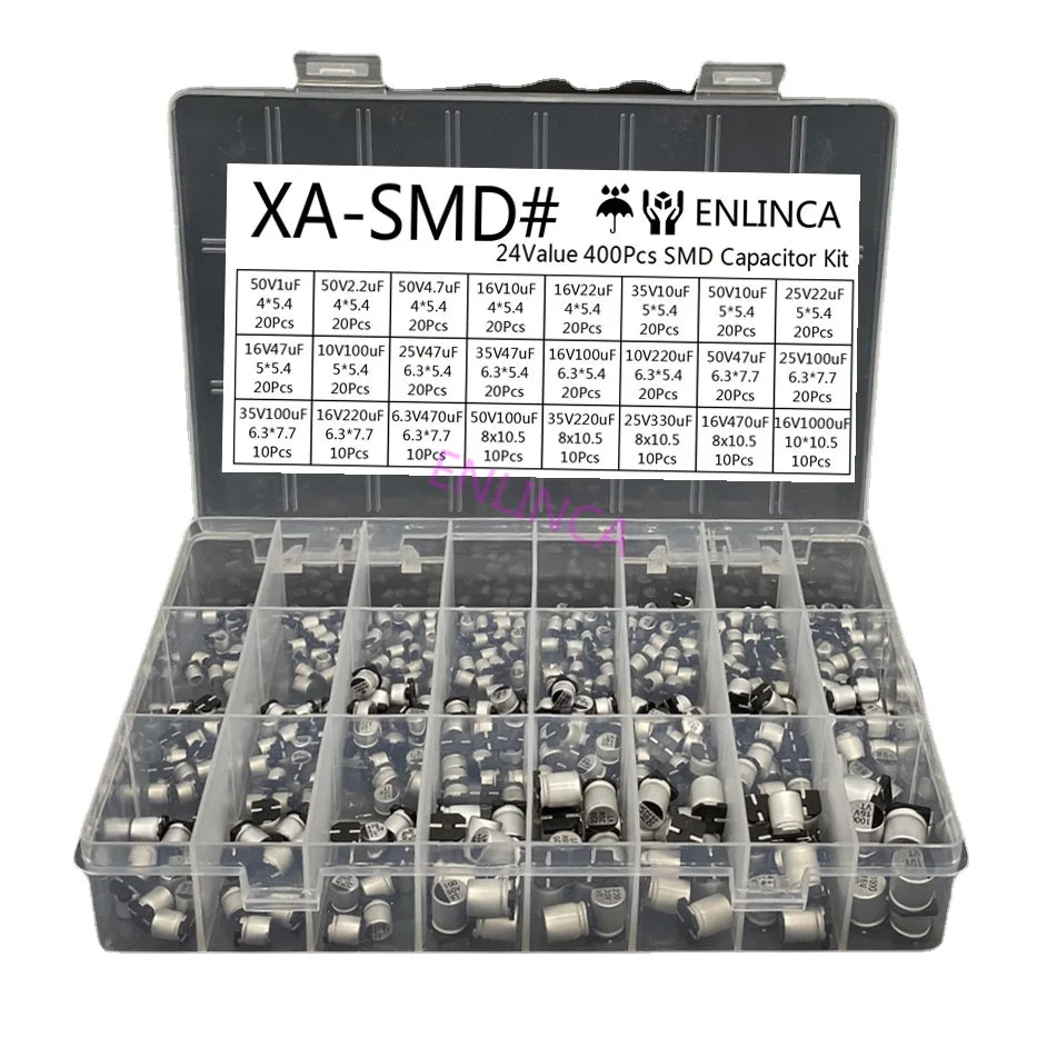 Kit Surtido Capacitor Electrolítico Aluminio SMD (1uF-1000uF, 24 Valores) - Pack 400 Piezas
