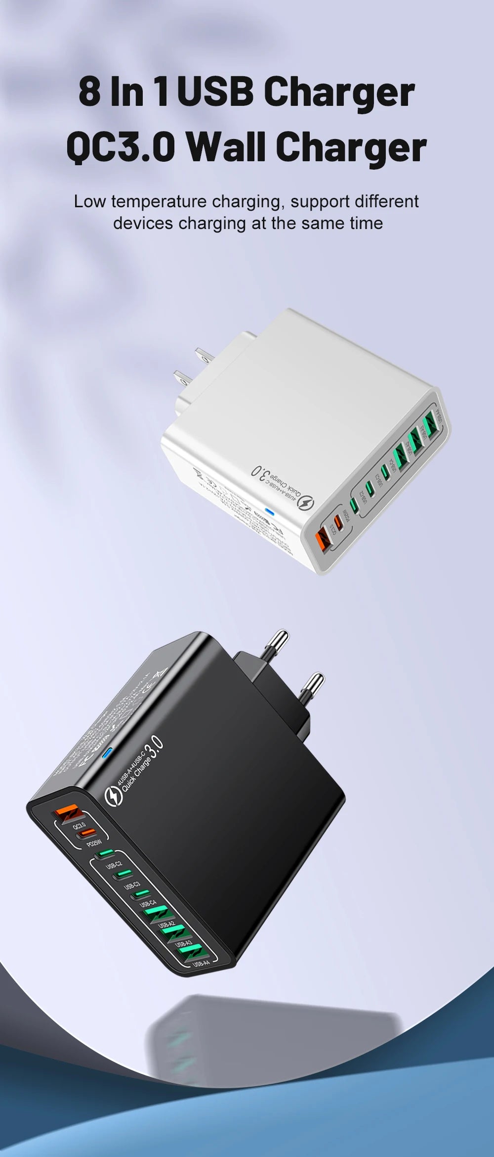 Cargador Pared USB 8 Puertos (Total 65W) Carga Rápida (PD Tipo C, QC 3.0) Adaptador para iPhone 14/15 Pro Max/Xiaomi/Samsung
