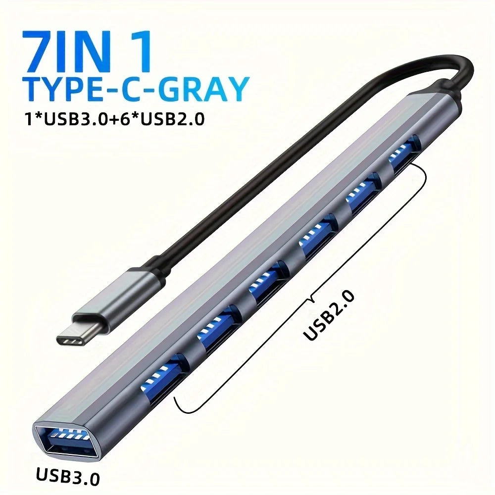 Hub Extensor USB-C a USB 3.0 Aluminio 7 en 1 (1x USB 3.0, 4x USB 2.0, 2x USB-C) Distribuidor USB