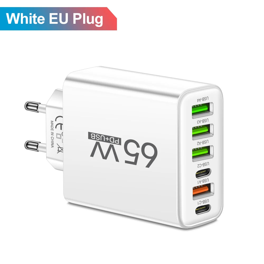 Cargador Pared Rápido USB-C 65W (6 Puertos) para iPhone 14/15 Pro Max, Samsung S23, Xiaomi 14