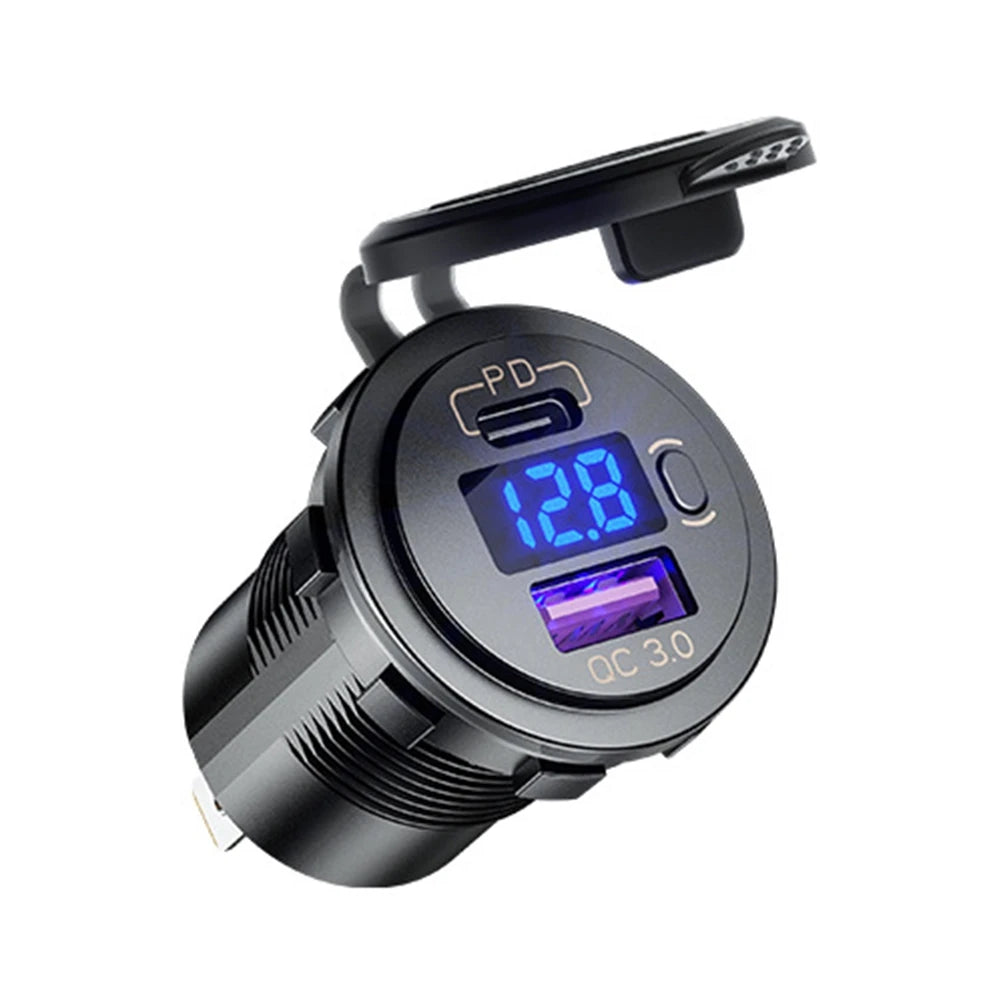 Cargador USB Auto/Camión PD 60W + QC 3.0 con Switch LED Voltímetro 12V/24V Carga Rápida