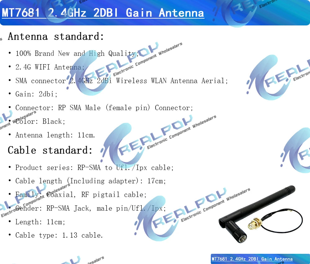 Antena WiFi 2.4GHz 3dBi SMA-KY Macho + Cable Pigtail 17cm PCI U.FL/IPX a SMA-KY Macho para ESP8266/ESP32